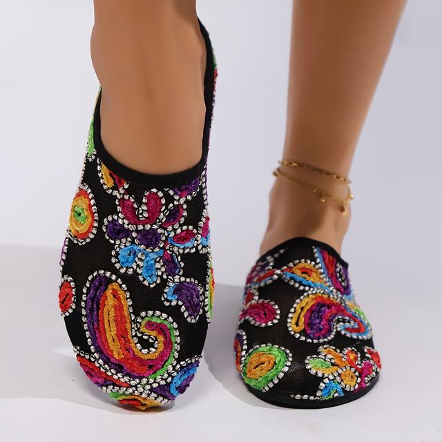 TEMU Nouveaux chaussons plats à enfiler pour femme, style ethnique , chaussons de maison, chaussures pour femme