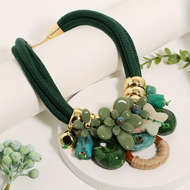 TEMU 1pc Bohemian Floral Geometric Pendant Necklace - Multicolor Stone Beads, Golden-tone Accents, Lightweight Durable Jewelry For Everyday & Party Wear, Boho Chic Accessory