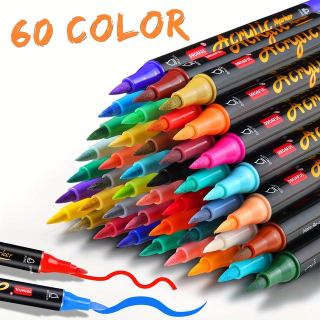 TEMU 72, 60color Acrylic Paint Markers, Dual Tips Paint Pens For Rock Painting, Fabric, Metal, Glass, Wood, Canvas, Ceramic, Plastic, Eggs, Pumpkins, Non-toxic & Odor, Premium Art And Craft Supplies