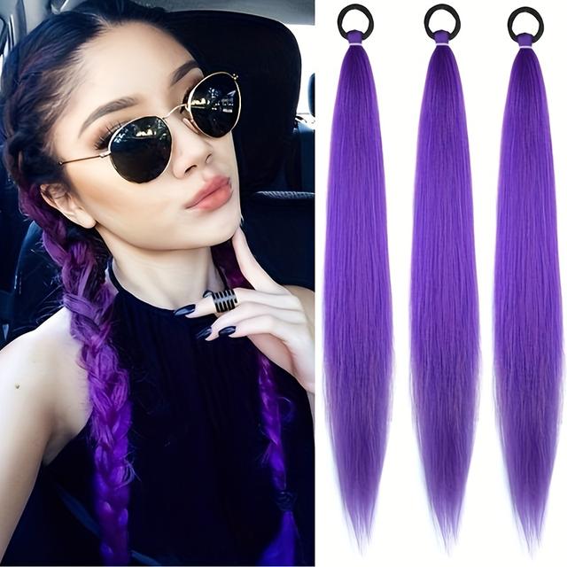 TEMU Lot de 3 extensions de cheveux tressés synthétiques violets | 66 cm (26 pouces) de haute température pré-étirées pour costumes de cosplay d'Halloween, cheveux raides .