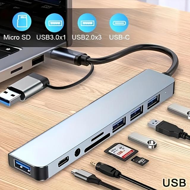 TEMU Usb Expander (usb /usb-c ) With Usb Flash Drive Function: Features 4 Usb Ports, 1 Usb-c Port, Tf/sd Card Reader & Audio Output, Compatible With [ ]book/pad Pro, Dell/ Laptops & Mobile Phones
