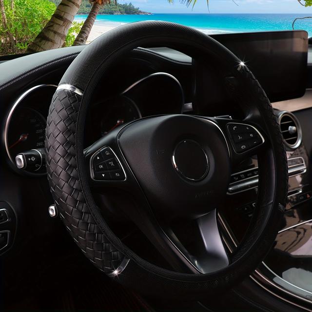 TEMU 1 Leather 3d Woven Metal Steering Wheel Cover For -15 Inch Wheels - No , Durable & Interior Accessories For , Car Steering Wheel Cover, Sleek Glossy Finish, Cover