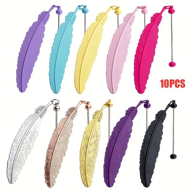 TEMU 10pcs Mixed Color Beadable Bookmarks Colorful Metal Feather Bookmark Diy Kits For Beaded Bar Back To School Gift Office Supplies