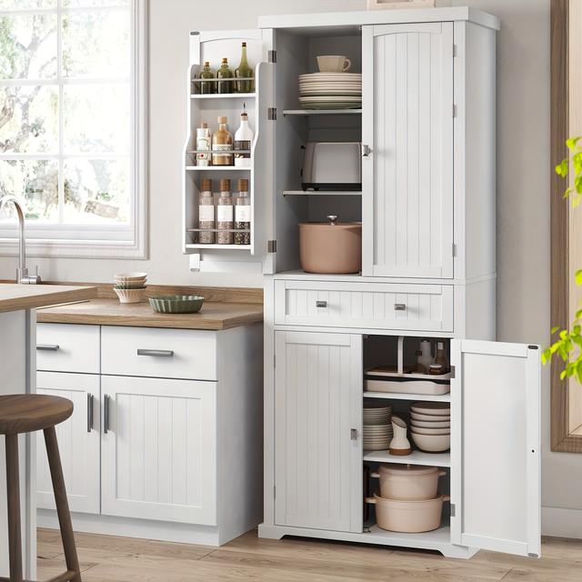 TEMU Pantry Cabinet, 71.7-inch High Freestanding Tall Cupboard Storage Cabinet With A Drawer, 2 Cabinets, 4 Adjustable Shelves, 6 Door Shelves, For Living Room, Kitchen, White