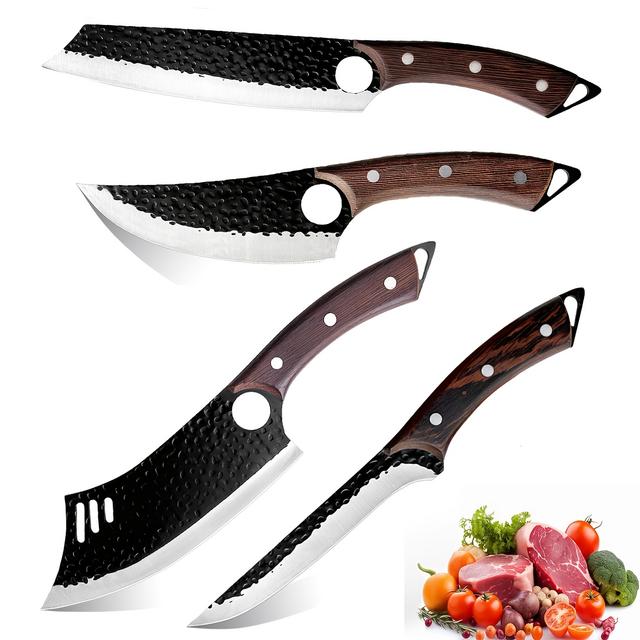 TEMU 4pcs Chef Knife Set, Hand Knife Set, Full Tang Kitchen Knife Sets With Stainless Steel, Meat Butcher Boning Knife, Stainless Steel , Chef's Knife, , Carving Knife, Boning Knife, Full Tang
