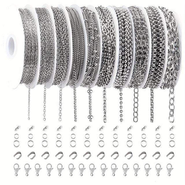 TEMU 10 Styles 74 Feet Long 304 304 Stainless Steel Chain Making Kit With Lobster Clasp, , Melon Seed , And Synthetic Stones For Fashionable Necklace And Bracelet Accessories