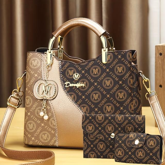 TEMU Three-piece Set Women's Trendy Shoulder Bag, Vintage Print Crossbody Bag, And Handbag