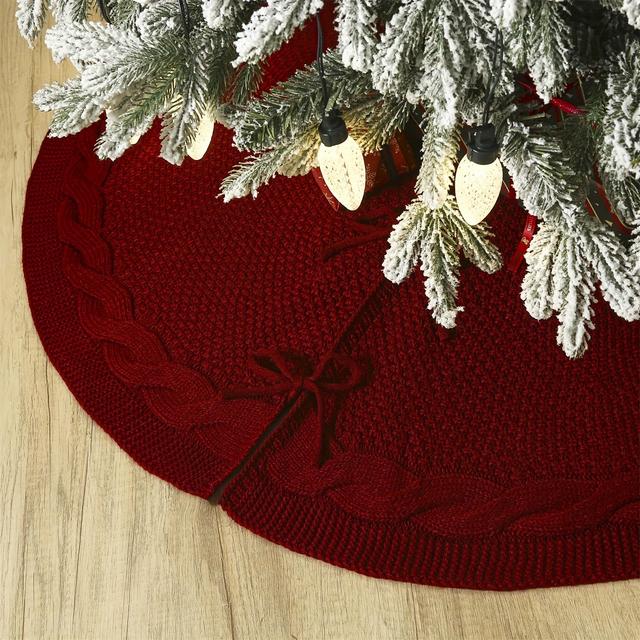 TEMU Gestrickter Weihnachtsbaumrock mit Zöpfen (Weinrot, 91.44 cm)