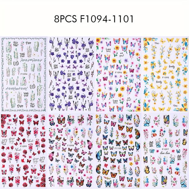 TEMU 8pcs Vibrant & Floral Nail Art Stickers - /summer Decals With Elegant Rose, Daisy, And Anemone Designs For Manicure Decoration, Decorations, Decoration