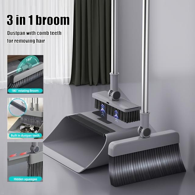 TEMU Upgraded & 3-in-1 Broom Set With Broom, Dustpan, Wiper And Floor Brush, Household & Commercial Cleaning Tools For Home, Office, Garden, Restaurant