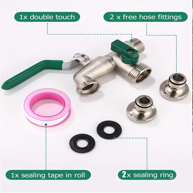 TEMU 1pack Double Outlet Tap, 1/2 Inch, Garden Tap With 2 X 3/4 Inch, Premium Frost-proof Double Garden Tap Outdoor, For Garden, Household, Industrial (green) (1/2)