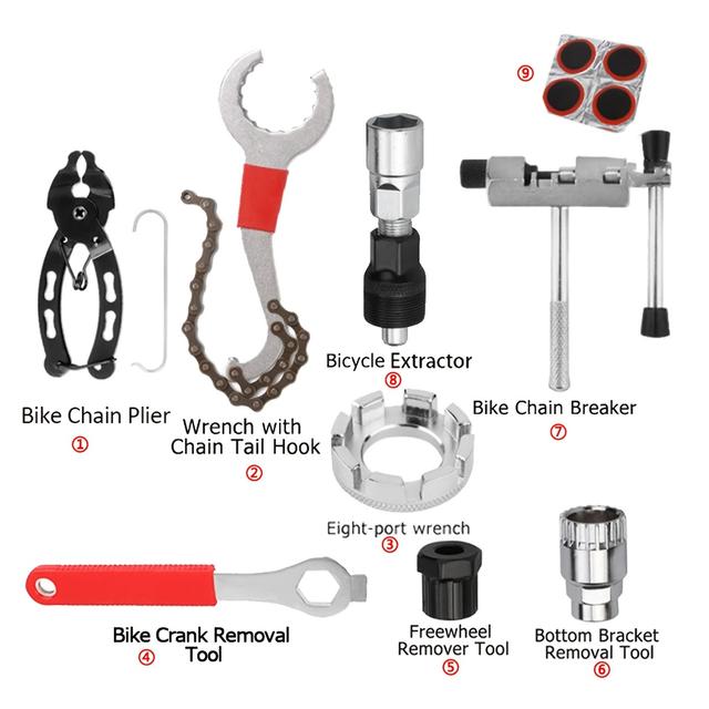 TEMU 9pcs Bicycle Repair Tool Set, Wrench + Puller + Middle Shaft Silver + Black Sleeve + Chain Cutter + + A-type Magic Buckle Pliers + Crank Wrench + 4pcs Tire Patch