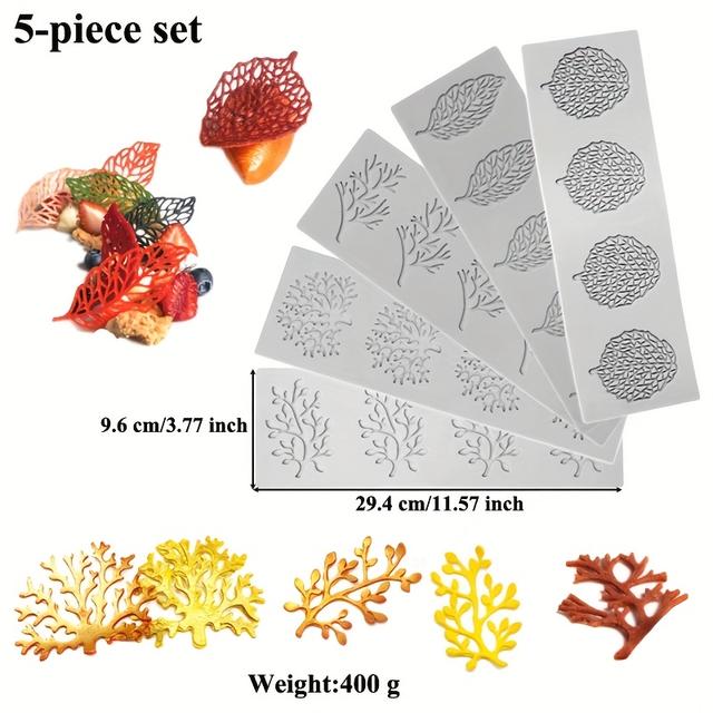 TEMU 5pcs Chocolate Crispy Mold Set, Leaf Shape Silicone Mat Mold For Dessert, Chocolate Cake Decoration, Lace Fondant Silicone Cake Mat, Baking Supplies Candy Tools