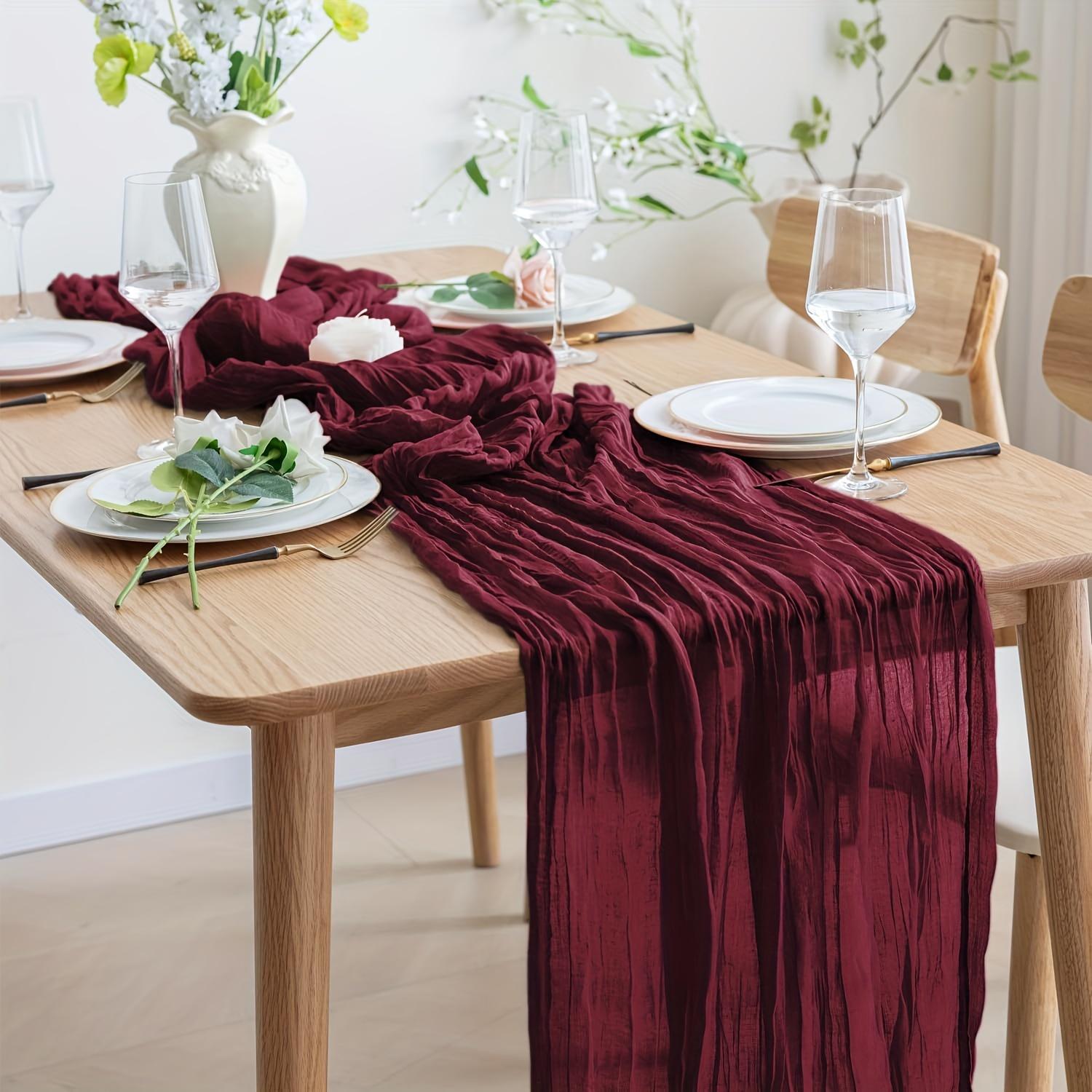 TEMU Burgundy Cheesecloth Table Runner - Elegant Polyester Gauze Fabric For Weddings, Birthdays, And , Rectangular Shape, Dining Table Settings With Candles And Floral Accents