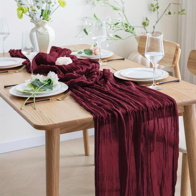 TEMU Burgundy Cheesecloth Table Runner - Elegant Polyester Gauze Fabric For Weddings, Birthdays, And , Rectangular Shape, Dining Table Settings With Candles And Floral Accents