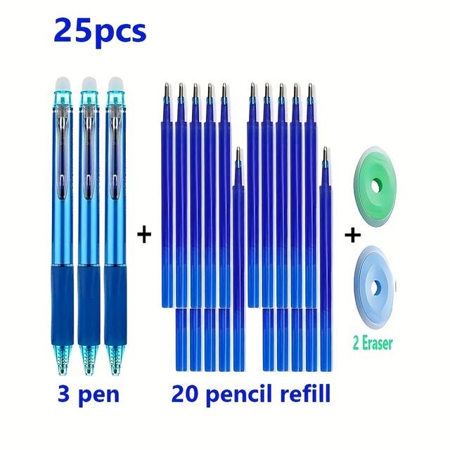 TEMU 25pcs Set - Erasable Gel Pens, 0.5mm Retractable Blue Ink, Suitable For School And Office Stationery. Smooth Writing And Quick-drying (3 Pens + 20 Refills + 2 Erasers)