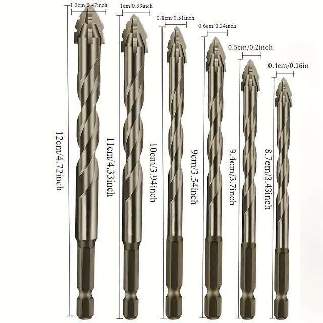 TEMU Juego de Brocas de Acero de Durabilidad de 1 set/6 piezas - 4 Brocas Excéntricas Dentadas para Cerámica, Vidrio y Hormigón