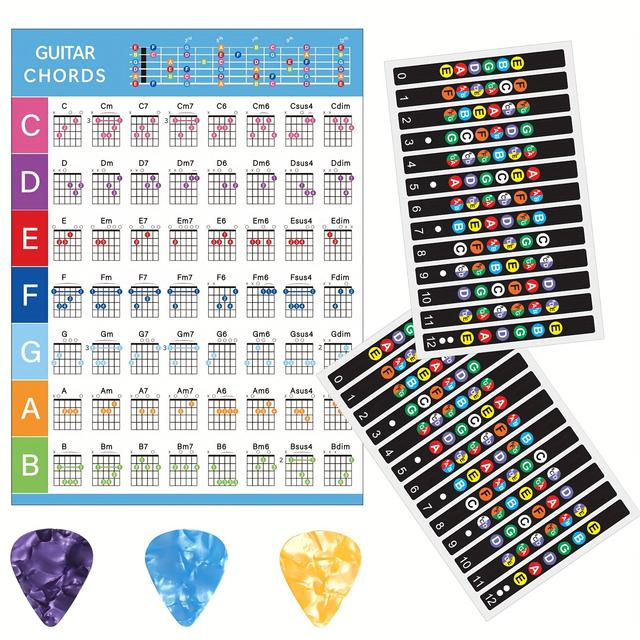 TEMU 2 Self-adhesive Guitar Stickers, 1 Guitar Chord Chart, And 3 Guitar Picks (pick Colors Are Random), With A Pick Thickness Of 0.71 Mm, The Best Learning Tools For Beginners.