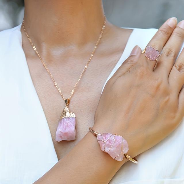 TEMU Conjunto de 3 pulseras de brazalete vintage estilo bohemio combinadas con un collar de cristal rosa natural y un anillo abierto - un regalo ideal para de Acción de Gracias o Navidad
