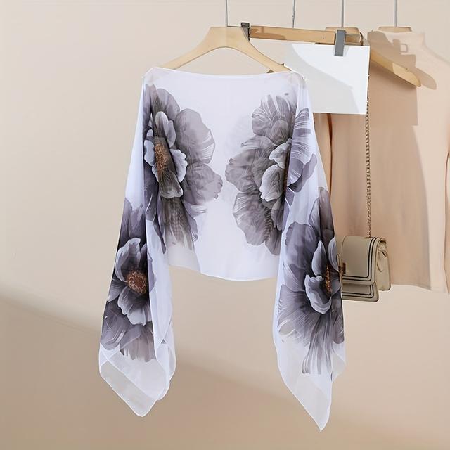 TEMU A New Lightweight Floral Printed Chiffon Scarf For Women, Featuring A Multifunctional Faux Pearl Button Cape, Perfect For Travel And Everyday Use, Ideal For Valentine's Day
