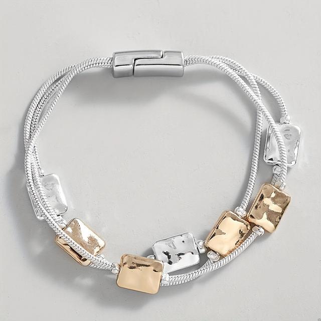 TEMU A Multi-layered Bracelet With Golden And Silvery Square Beads, With A Silvery Chain Bracelet, A Jewelry Gift.