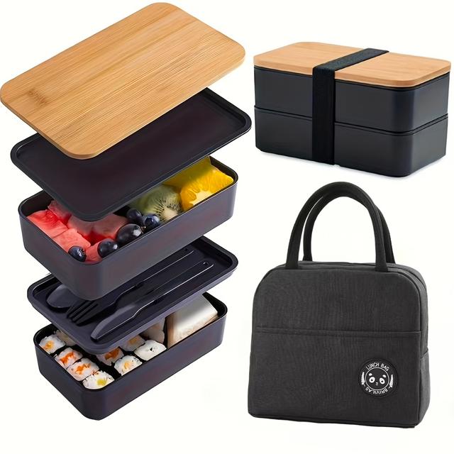 TEMU 5pcs Set, Double-layer Bento Box With Insulation Bag, Wood Grain Bento Box, Student Office Staff, Outdoor Travel, Large Capacity, Used For Microwave Ovens, Dishwashers