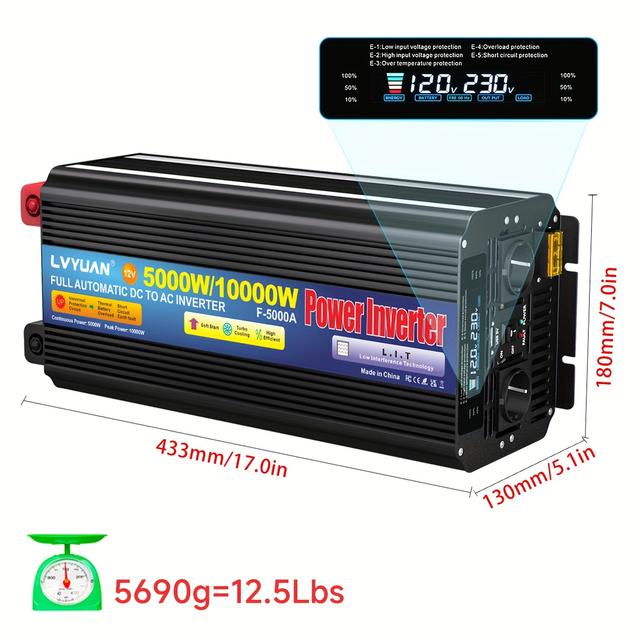 TEMU Lvyuan Power Inverter 500w/5000w/10000w () To Ac 12v To 240v, 2 Uk Outlets & Usb Ports, Soft - Start & Voltage Display - Ideal For Car, , Camping & Boat Use, Without Battery
