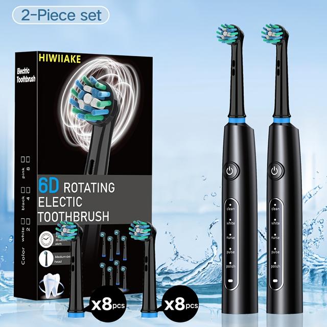 TEMU 2pcs Set Rotating Electric Toothbrush, 16 Replaceable Brush Heads, Different Color Combinations, 5 Cleaning , Type-c Charging, Time Reminder, Suitable For Daily Family And Travel - For