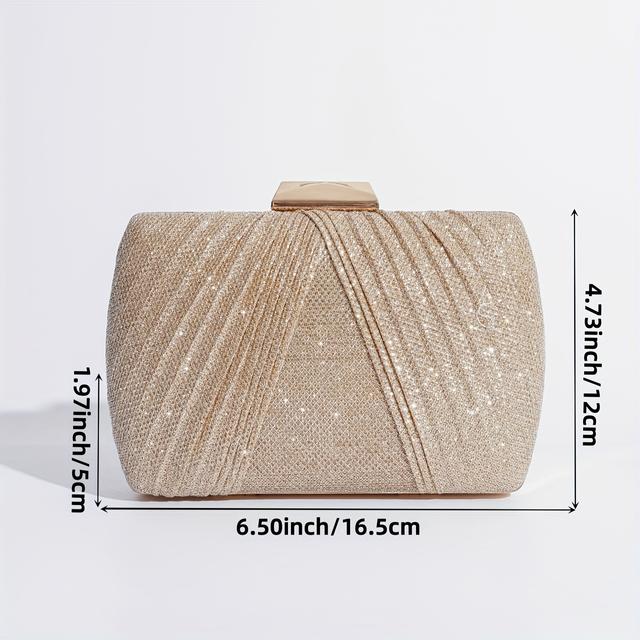 TEMU Glittery Champagne Evening Clutch Bag, Pvc Material, Fashionable Solid Color With Pleated Design, Single Shoulder Crossbody Chain, For Party And Formal Occasions, Ladies Handba