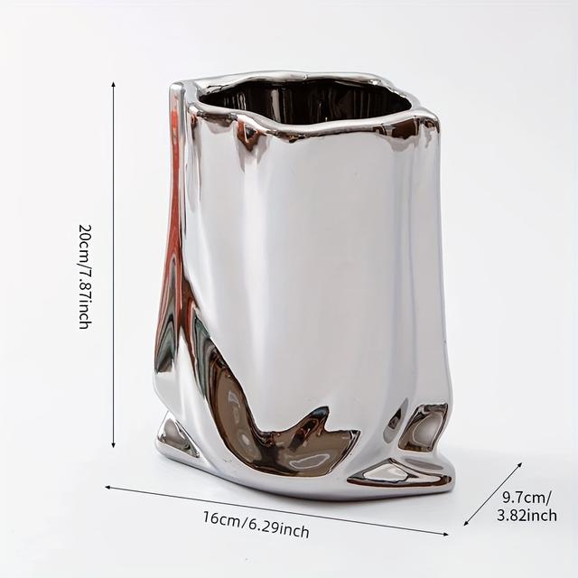 TEMU 1 szt. Srebrny Wazon z Ceramiki Elektroplatowanej - Wykwintna Artystyczna Dekoracja w Kształcie Torby Papierowej - Prezent na Dzień , Prezent na Walentynki