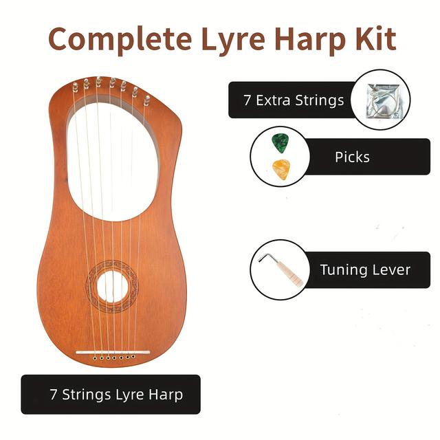 TEMU 7-string Lyre Harp, Light Beige Varnished Finish With Bronze Strings, Portable Small Harp Instrument With Metal Sound Column For Continuous Lingering Tone