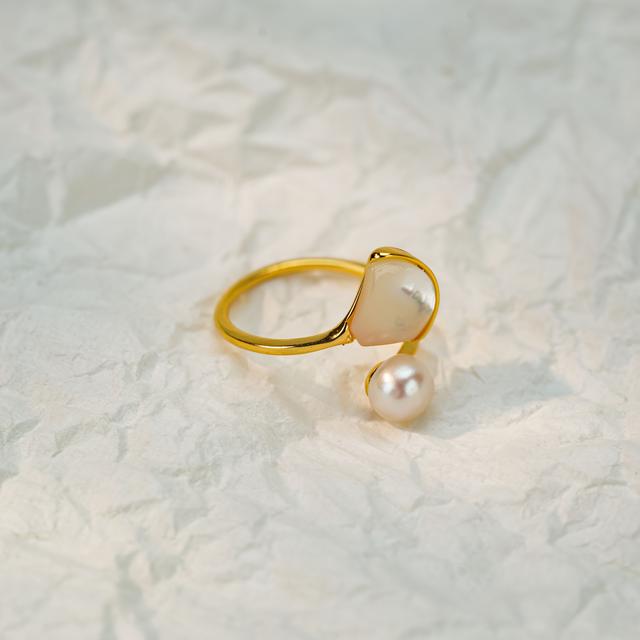 TEMU Natural Fan-shaped Mother-of- Adjustable Opening Ring Light Luxury Elegant Temperament Women's Jewelry Gift