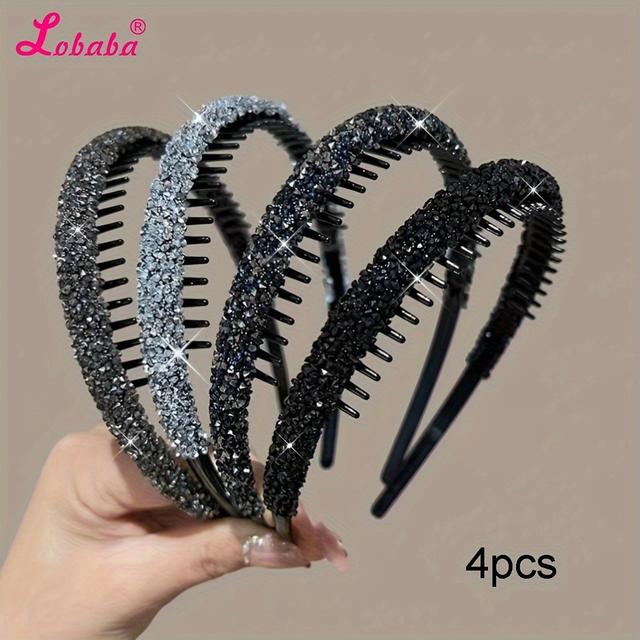 TEMU طقم من 4 قطع من ربطات الشعر النسائية الملمعة بالألماس مع أسنان مضادة للانزلاق لسحق الشعر، ربطات شعر ثابتة للجبهة ورباط رأس للغرة