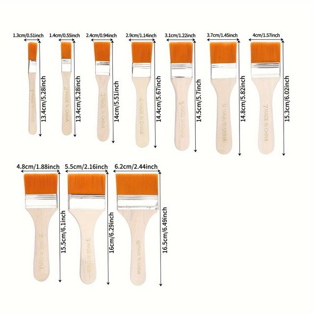 TEMU 10ks Sada Nylonových Plochých Štětců, Dřevěná Rukojeť, Odolné & Snadno Čistitelné pro Olejomalbu, Akryly, Řemesla