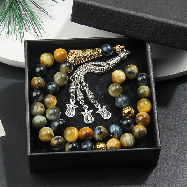 TEMU سوار مسبحة مصنوع يدويًا من عين الصفراء مقاس 10 مم مكون من 33 قطعة - مناسب للصلاة وتلاوة الذكر - هدية مثالية لعيد الفطر ورمضان - يأتي مع علبة فاخرة