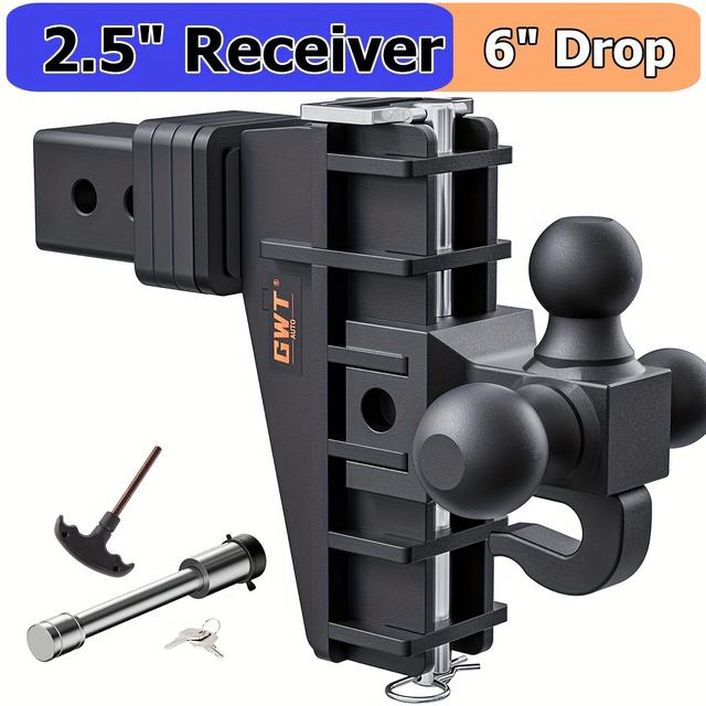 TEMU Heavy Duty Adjustable Trailer Hitch With Hook, 2.5" Receiver, 6" Drop, 18500 Lbs Capacity, Mount For Smooth Riding, , -resistant , Black, Gwtauto