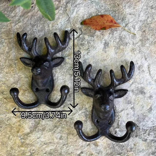 TEMU Set Of 2 Vintage Cast Iron Deer Antler Wall Hooks - Decorative Hangers, Heavy-duty Wall-mounted Double Hooks, Rustic Style Coat Hooks, Key Hangers, Clothing Hooks, Storage Hangers.