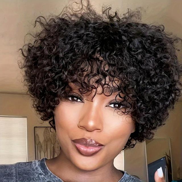 TEMU A Bouncy Curly Bob Wig With Bangs, Made From Brazilian Human Hair, Fully Machine- For Women.