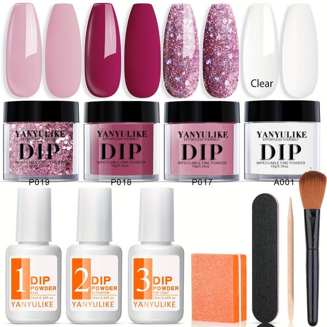 TEMU Beginner's Dip Powder Nail Set, Featuring Including Pink, Red, And Clear Glitter, Complete With Dipping Liquid