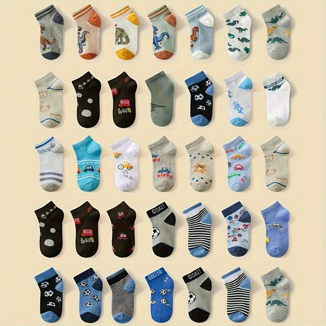 TEMU 12 Pairs Boys' Cartoon Dinosaur Ankle Socks - Soft Breathable Polyester, Assorted Designs, , Random Color & Style , Kids Sports Socks, Fun Pattern Socks, Durable Kids Wear