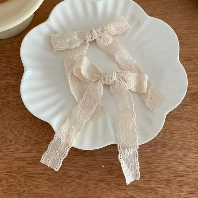 TEMU 2pcs Sweet Lace Bow Hair Clips - Cute Ballet Style Ribbon Ponytail Holders For Women, & Beige, Spring/summer Vacations And Casual Outfits, Accessories