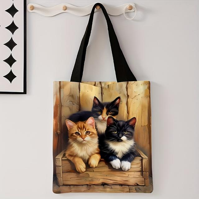 TEMU 3 Kitten Pattern Printed Handbag - Large Capacity Reusable Shopping And Storage Handbag, Suitable For And Wo .