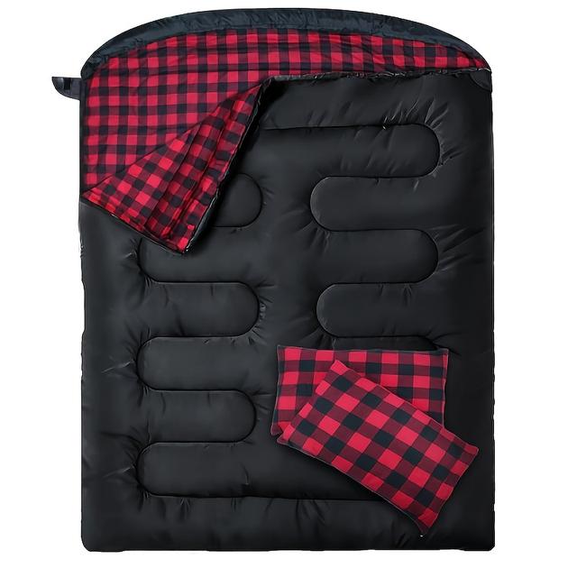 TEMU 체크 무늬 플랩이 달린 더블 침낭: 2인용, 5'1" ~ 5'6" 길이, 폴리에스터 원단, 지퍼 잠금, 캠핑 및 하이킹에 적합