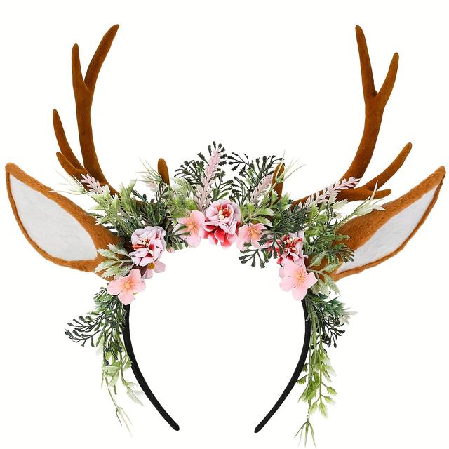 TEMU Mostory Handmade Headband Forest Headpiece Horns Hairband Fairy Flower Crown For Women Girls Renaissance Wedding Halloween Cosplay Photo Shoot