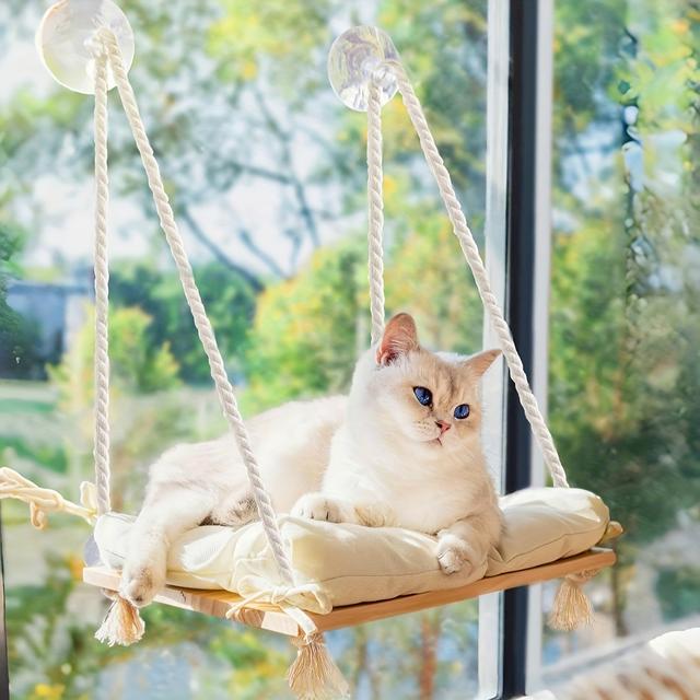 TEMU Cat Window Perch – Cat Hammock Bed – Solid Wood Seat, 4 Strong Suction Cups, Cushioned – Rustic Style Indoor Pet Shelf