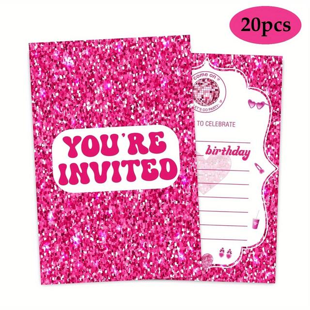 TEMU 20 stuks roze glitter verjaardagskaarten voor meisjes, Let' Party verjaardagsuitnodigingen, 4X6 inch, dubbelzijdig ontwerp