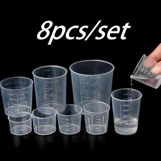 TEMU 8ks průhledných plastových laboratorních odměrek, odolné a přesné měřicí válečky 10ml/15ml/20ml/30ml/50ml/60ml/100ml/200ml