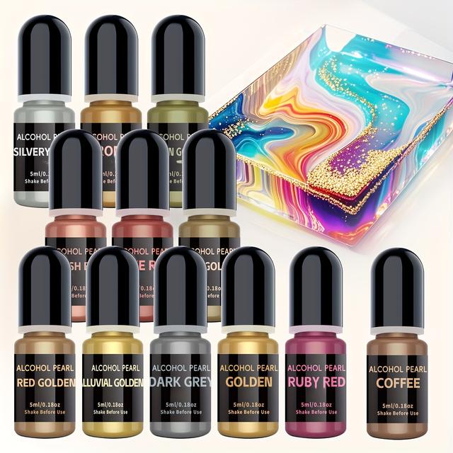 TEMU 12pcs Set Of 12 Metal Colors, 5ml/bottle, Resin Dyes, Diy Resin Dye Craft Paint Pigment Kit - For Crystal Epoxy Liquid And Model Coloring