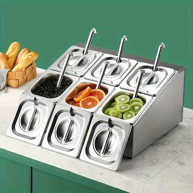 TEMU Stainless Steel Spice Container With Lid And Spoon, A Two-row Organizer Featuring 6 1/6 Pans And 6 Spoons For Storing Condiments, , And Sauces