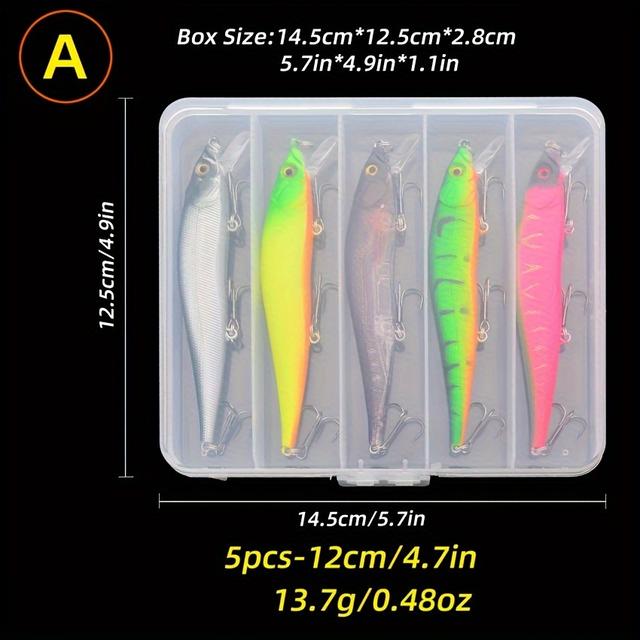 TEMU Set Of 5pcs Of 12cm/4.72inch Hard Minnow Lures Weighing 0.48oz, Designed For Pike Fishing With A Treble Hook